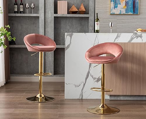 Miniatura 6 de Juego de 2 taburetes de bar giratorios de terciopelo, modernos taburetes de bar ajustables de altura de mostrador, sillas de isla acolchadas
