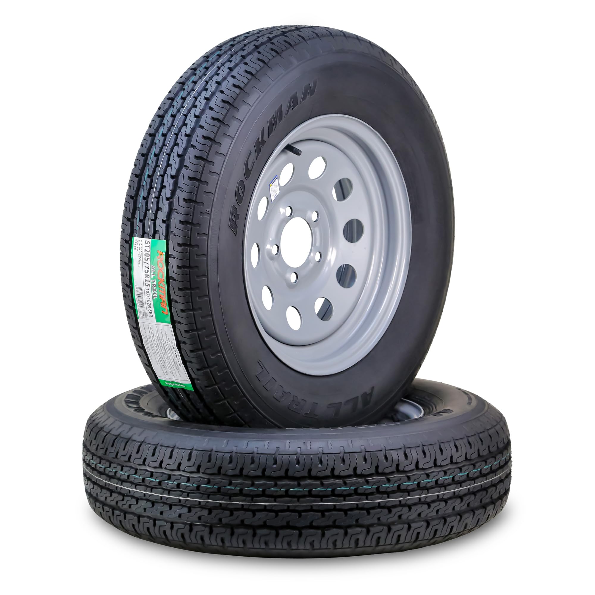 ROCKMAN ST205/75R15 trailer tire wheel assembly set of 2 with silver mod rims 5 lug on 4.5