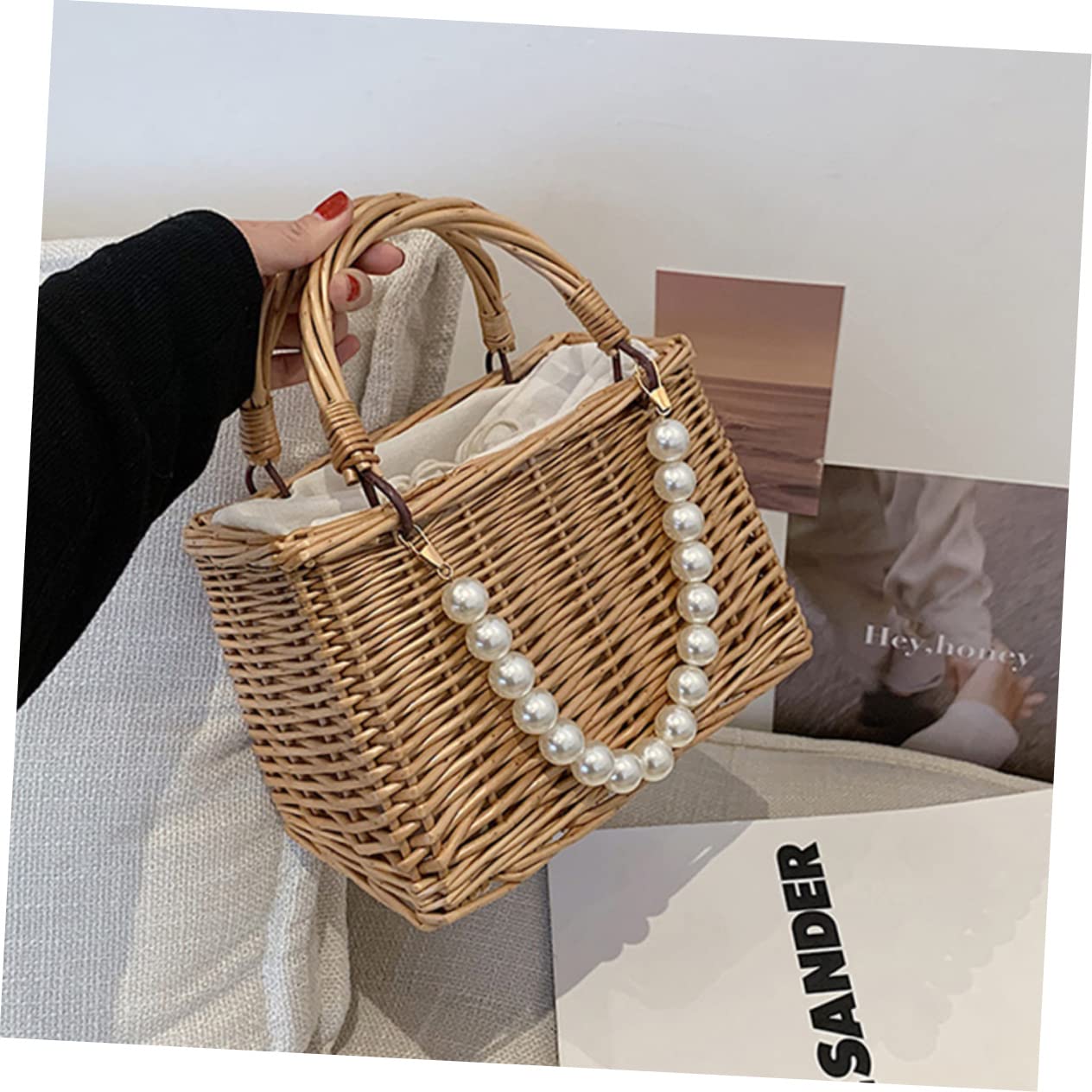 FRCOLOR bolso de perlas bolsa de perlas de bolsos de rafia para mujer bolsa de mujer bolsas de para la playa bolsa de de playa paño Khaki