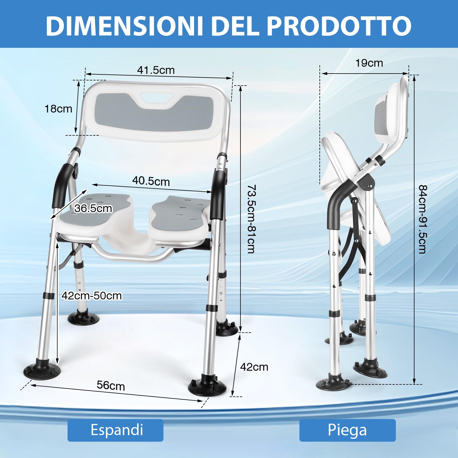 DEWEL Sedia per Doccia Anziani Pieghevole, con Scanalatura, con Schienale e Braccioli, Non è Necessario Installare Strumenti, Regolabile in Altezza, Sedia Doccia Pieghevole, Peso 150Kg (Grigio)