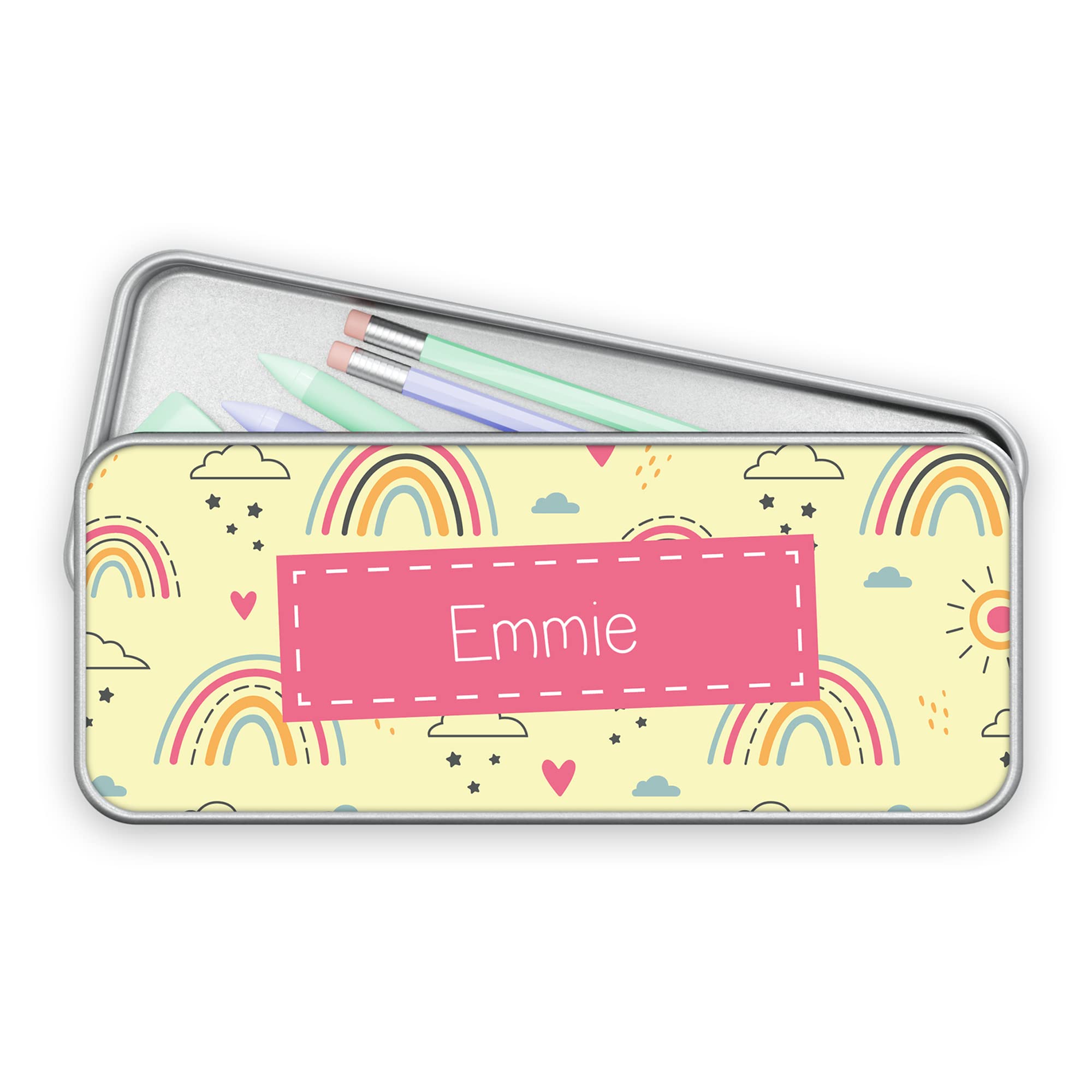 Print Maniacs Personalised Rainbow Pencil Case Tin Kids Boys Girls Back to School Stationary Organizers Bag Any Name (Silver Case)