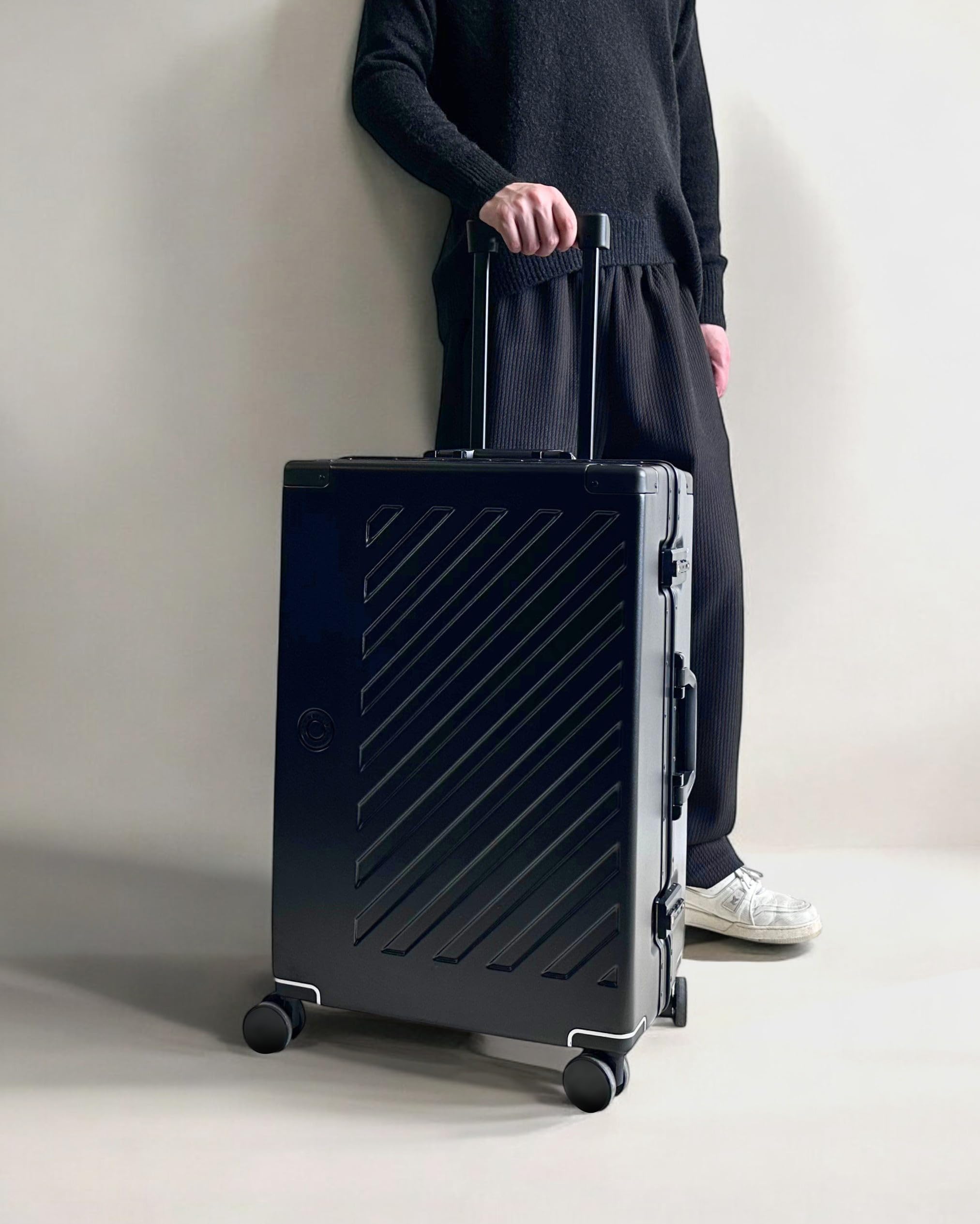 JLY 100% poliwęglanowy bagaż bez zamka błyskawicznego, podwójne zamki TSA Hardshell walizka z 4 kołami obrotowymi, aluminiowy uchwyt, bagaż podręczny w kabinie, Stal Czarna, M (65cm 60L)