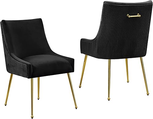 Miniatura 23 de Juego de 2 sillas de comedor de terciopelo, patas doradas, sillas decorativas tapizadas de terciopelo, diseño de respaldo plisado y asa dorada, Gris