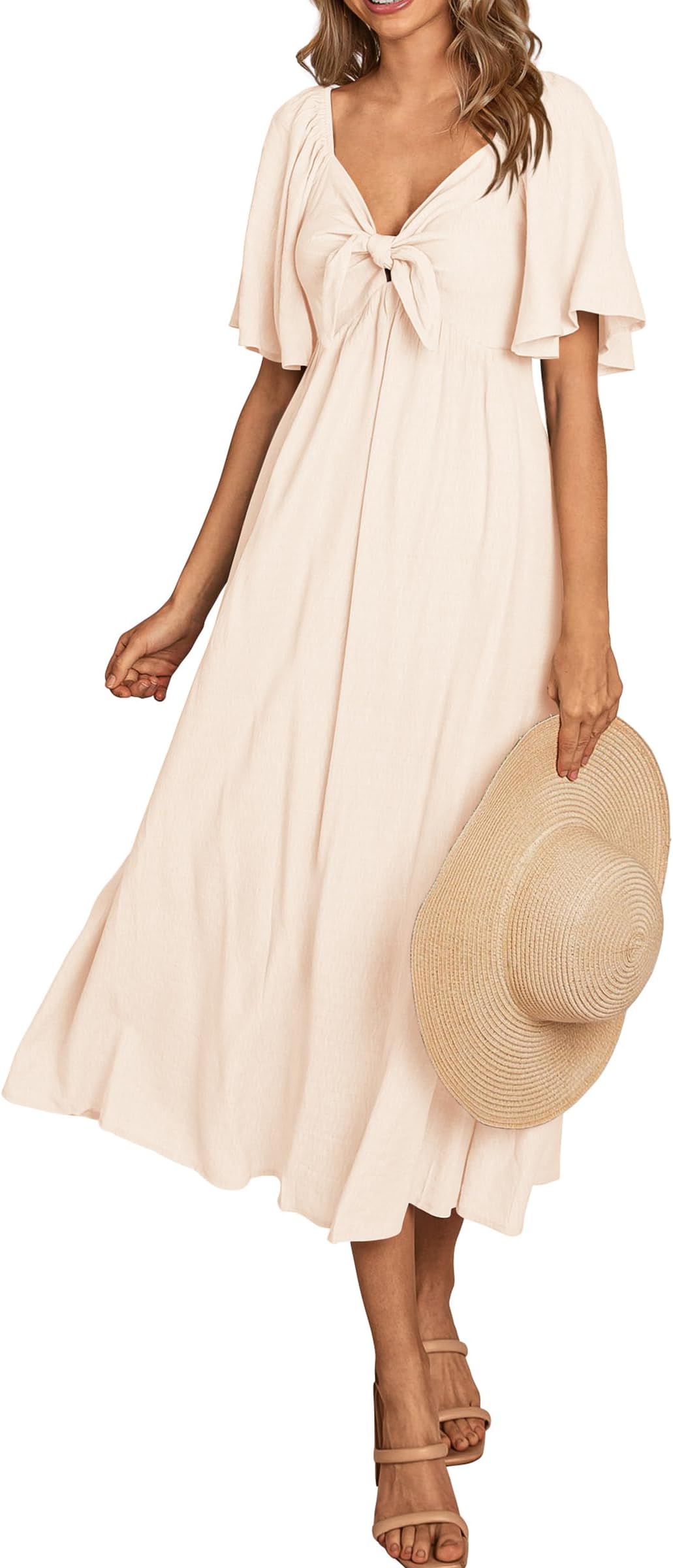 Summer Dress for Women 2026 Casual Short Sleeve Bow Tie V Neck Ruffle Midi Flowy Dresses