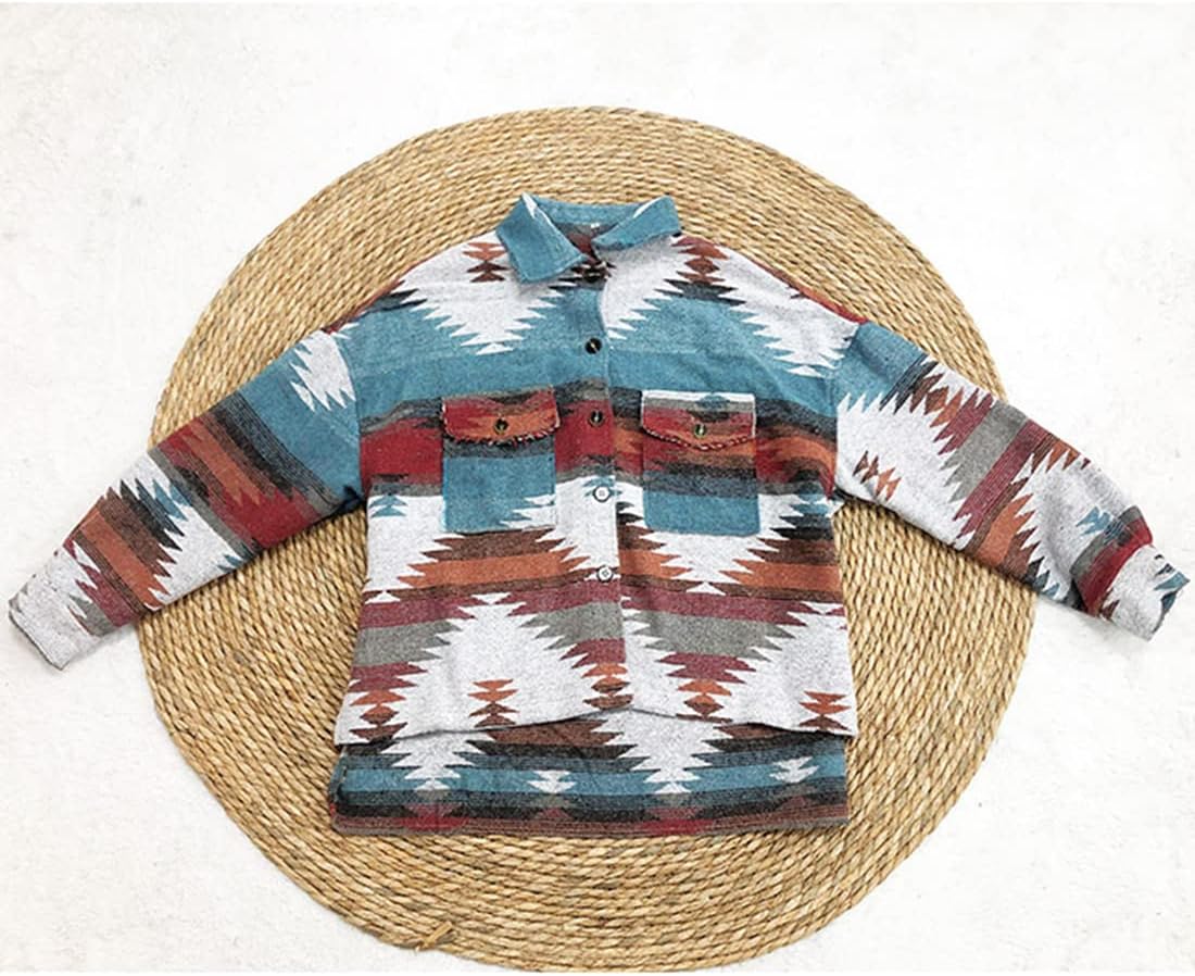 happlan Aztec Denim Jacket For Women Lapel Button Down Print Shirt Coat Shacket size large