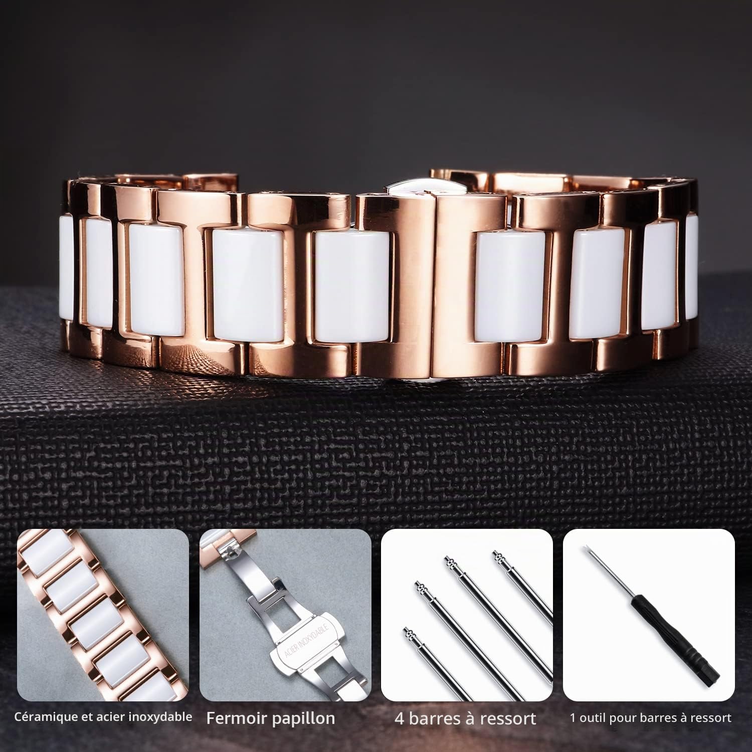 BINLUN Bracelet de Montre en Céramique avec en Acier Inoxydable Poli 12mm/14mm/16mm/18mm/20mm/22mm avec Boucle Papillon