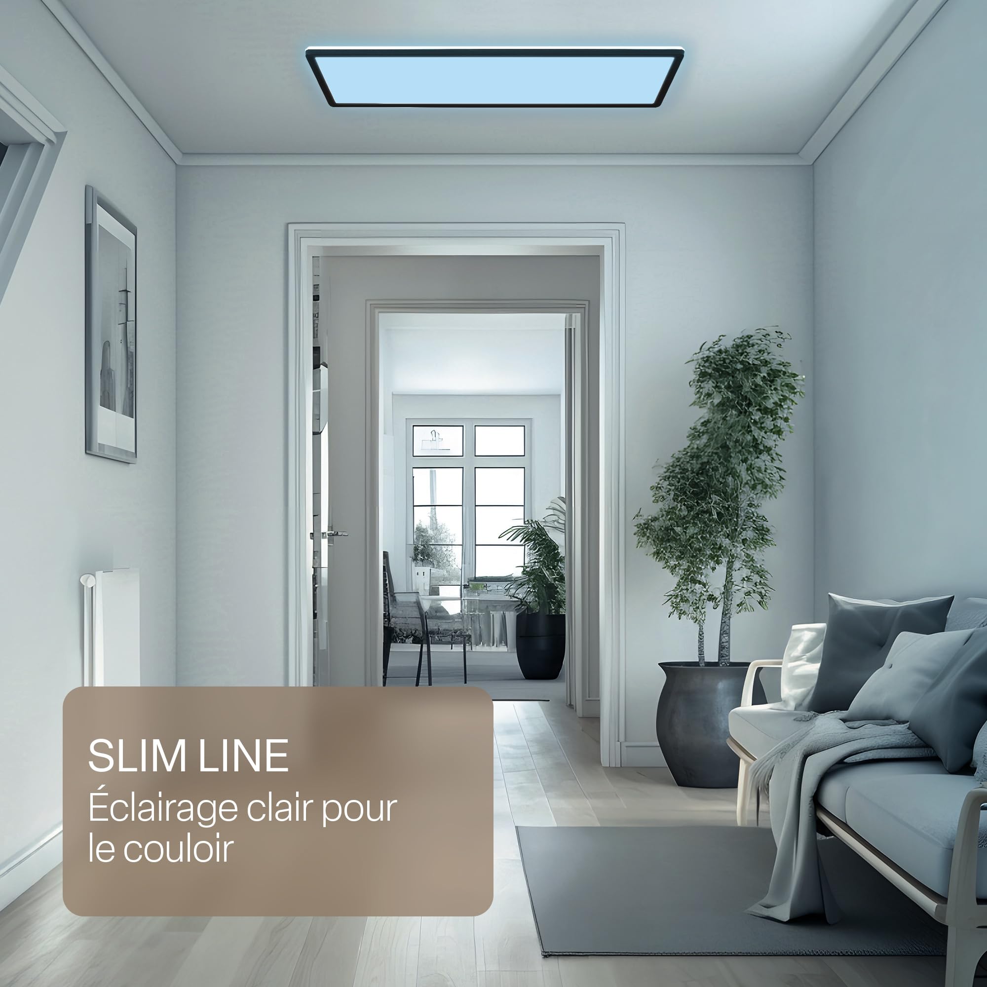 B.K.Licht - Plafonnier LED plat avec télécommande, CCT réglable de chaud à lumière du jour, intensité réglable, IP44, plafonnier salle de bain, lustre cuisine, lustre salon, 58x20x3 cm, noir