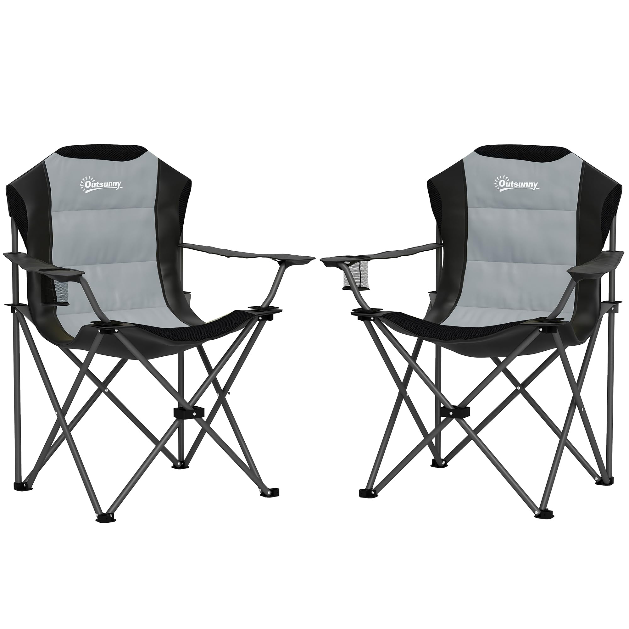 Outsunny Lot de 2 Chaise Pliante Camping Chaise de pêche Portable rembourrée à Dossier Haut avec Porte-gobelet, Fauteuil Pliable pour randonnée, Plage, Pique-Nique, Voyage, Charge 120Kg, Gris foncé