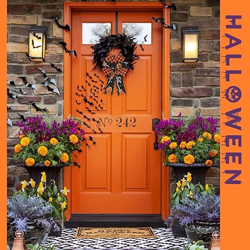 Miniatura 5 de 2 lazos de corona de Halloween, lazos a cuadros de búfalo naranja y negro para corona, lazos rústicos de truco o golosina, para puerta delantera,