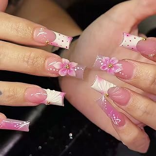 Pink Coffin Press on Nails Long Cute Sweet Fake Nails 24pcs | Nude Pink Ombre Elegant False Nails with 3D Flower Polka Dot Embossed Daily Glossy Reusable Manicure Gift for Women