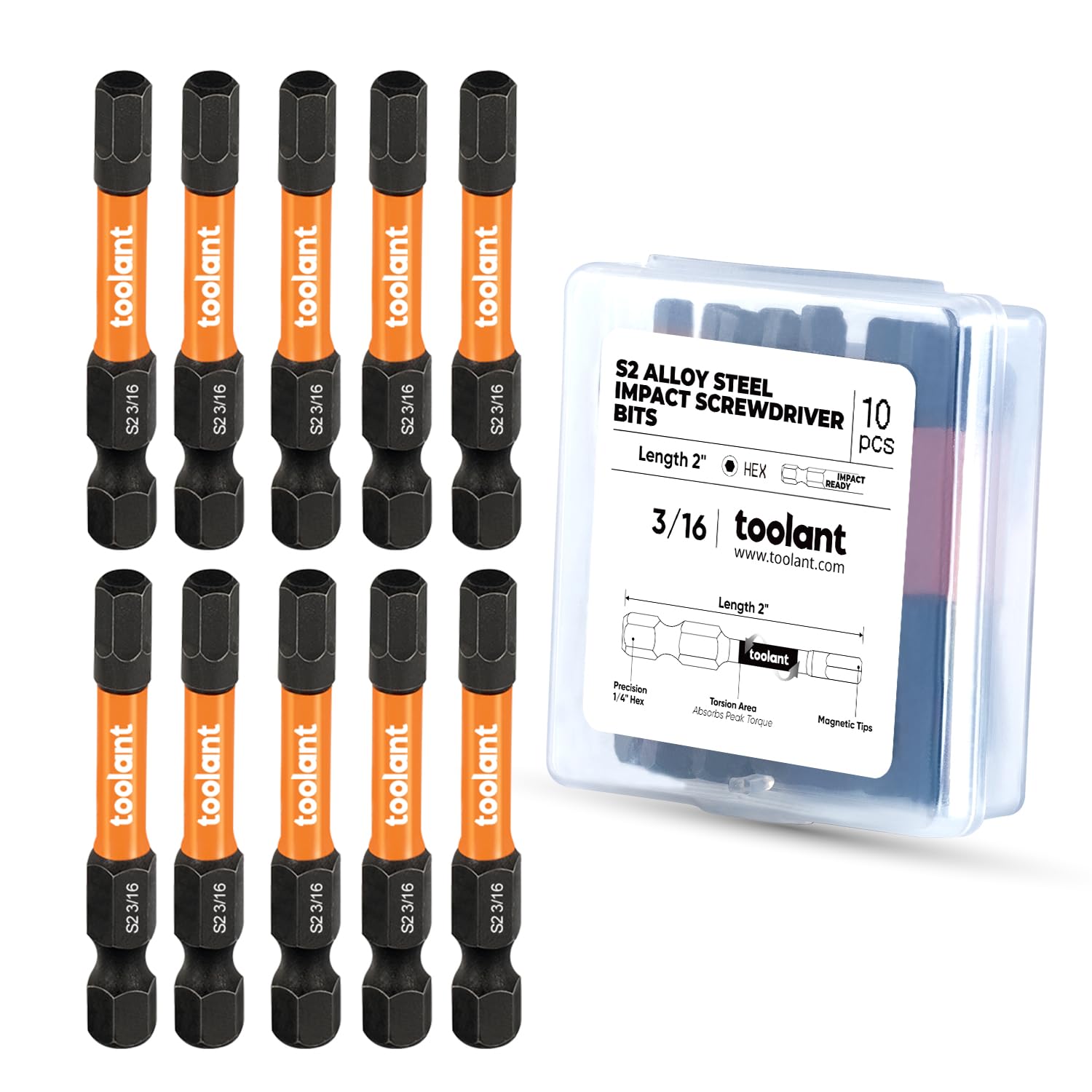 toolant 3/16-inch Impact Hex Bit Set, 10-Piece, 2-inch
