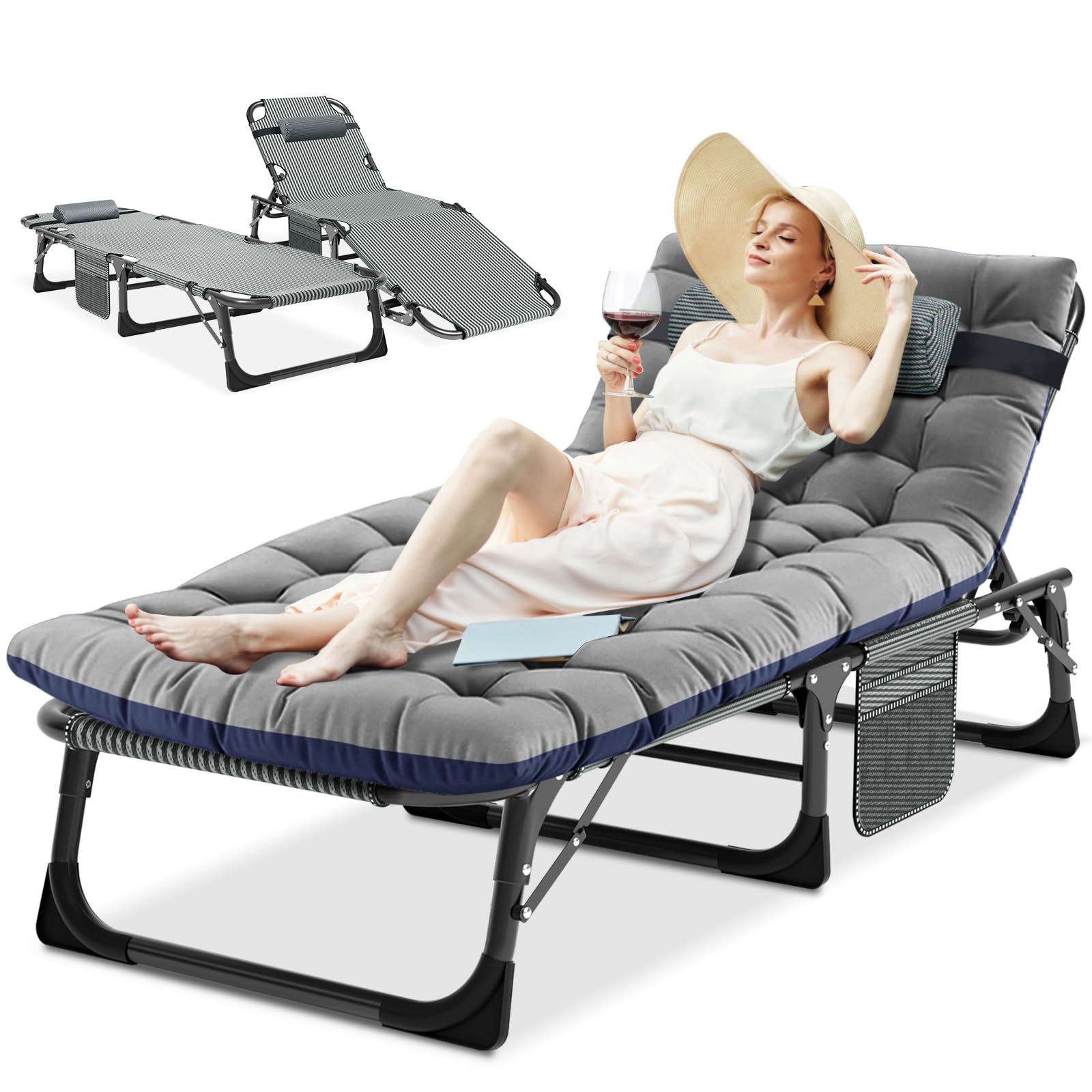 Chaise longue pliante avec matelas - Grande chaise de jardin pliante avec poche latérale et appuie-tête - Lit de camping pliable pour l'extérieur et l'intérieur