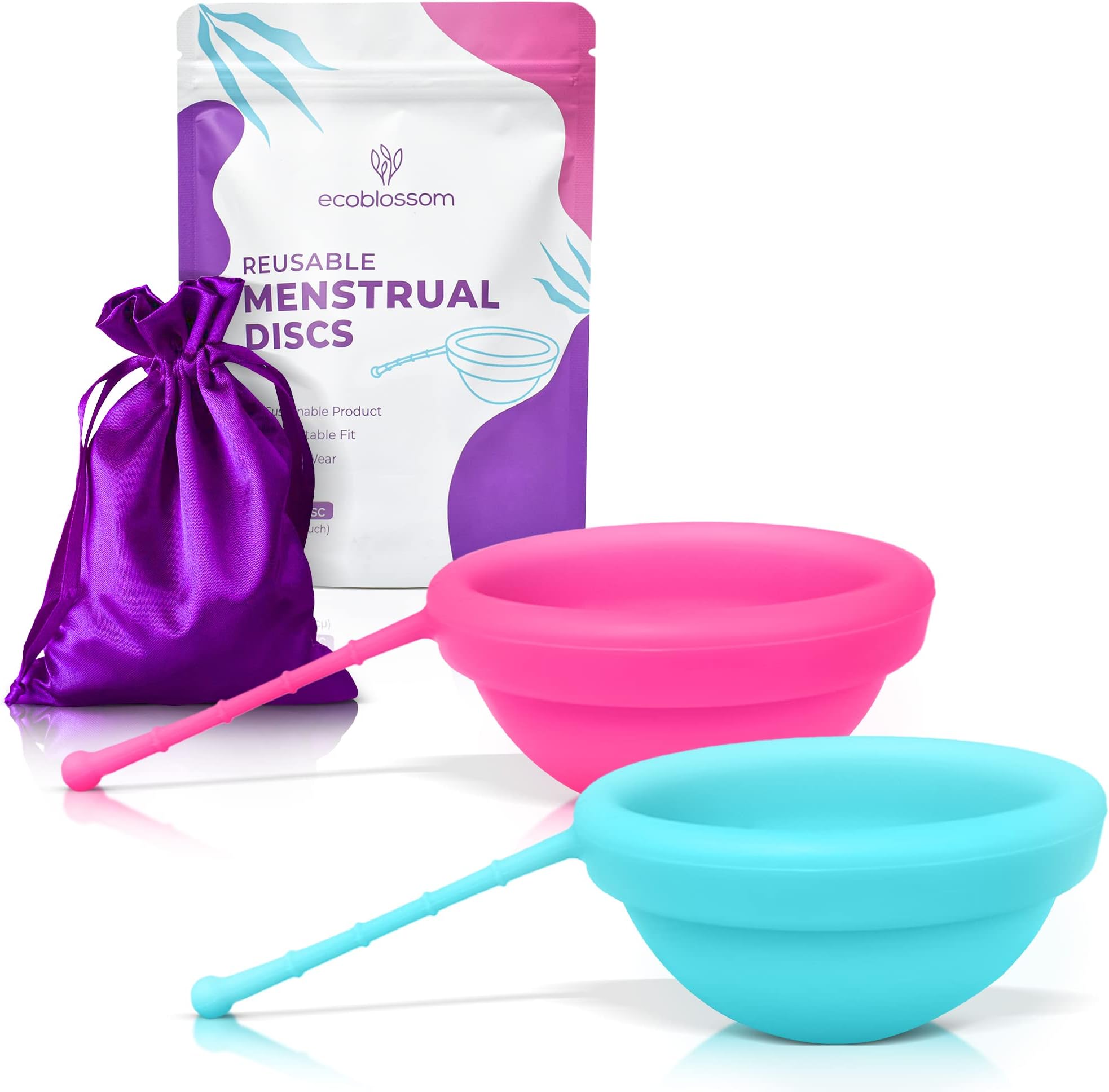 EcoBlossom Reusable Menstrual Disc with Removal String - The Most Reliable Medical Grade Silicone Period Discs - Comfortably use for 12 Hours (Pack of 2, Rose & Teal)
