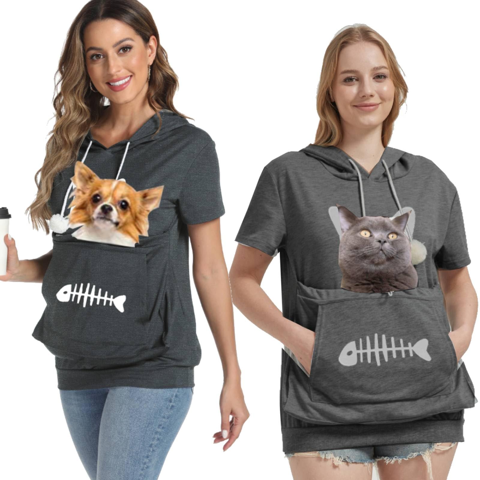 jessie Womens Pet Pouch Hoodie Summer Short Sleeve Cat Dog Carrier Hoodie Kitten Puppy Pouch Shirts Thin Hoodies Dark Grey