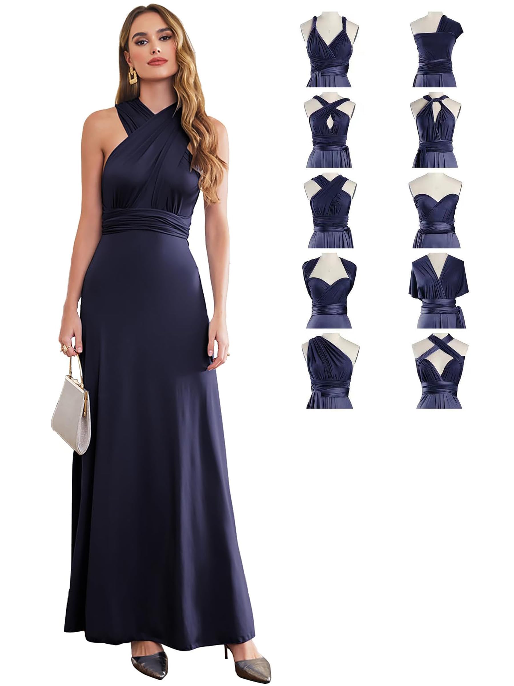 Swemile Women's Navy Blue Infinity Dresses For Bridesmaids,Wedding Guest Dresses For ,Plus Size Wrap Dress Long Maxi Convertible Multiway Dresses