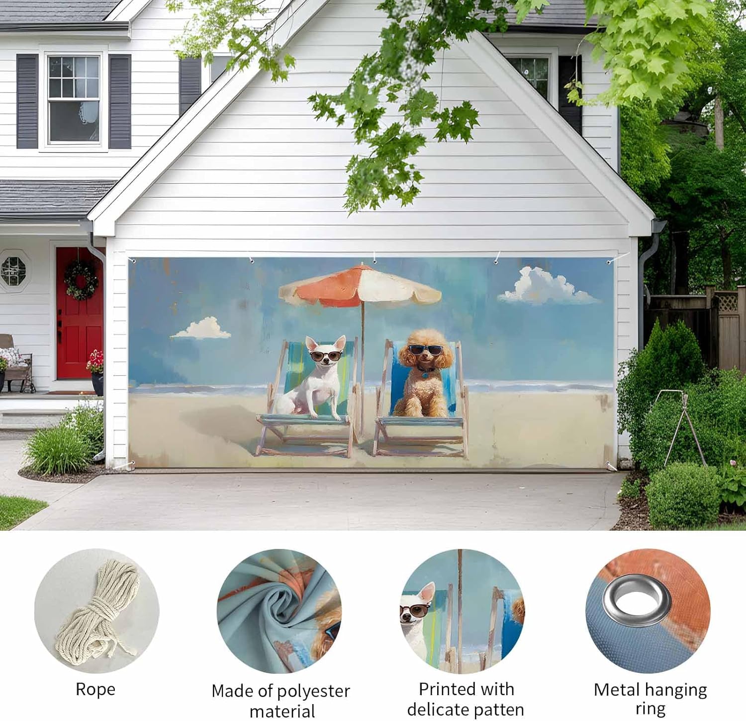Summer 7 x 16 ft Garage Door Cover Abstract Puppy Holidays Beach Dog Large Decorations Waterproof Banner for Holiday Outdoor Decor