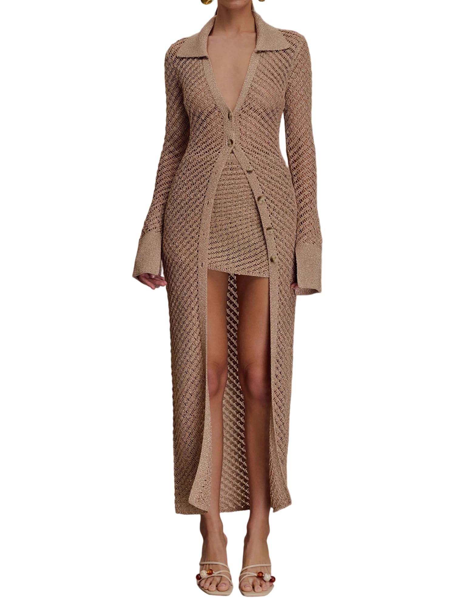Women Cut Out Crochet Maxi Sweater Long Flared Sleeve Knit Cardigan Solid Ruffles Tops Buttons Floor Length Jacket