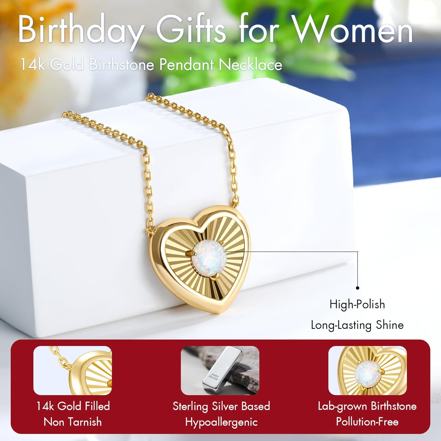 Kstyle 14K Gold Heart Pendant Necklace for Women - Birthstone for Birthday/Valentine's Day Gift, Non Tarnish Statement Jewelry for Wife/Girlfriend/Mom/Daughter (925 Sterling Silver Base) - Image 6