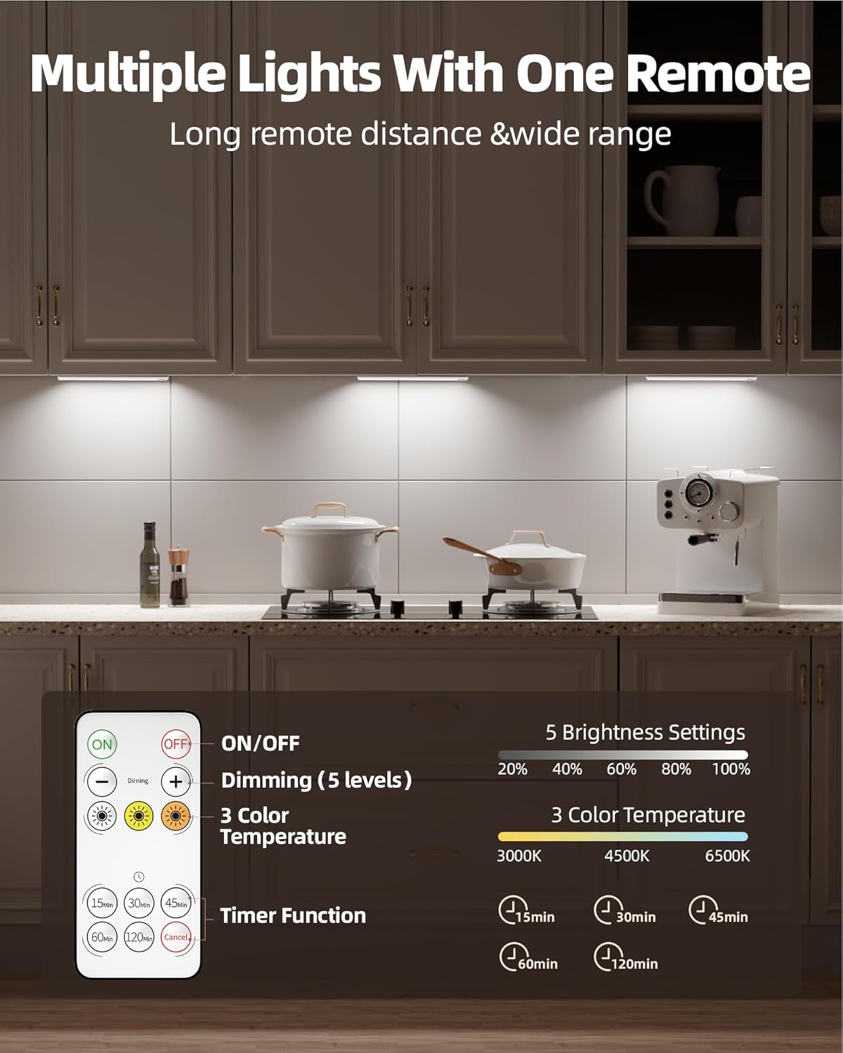 52LED Under Cabinet Lighting，1800mAH Rechargeable Battery Operatured Motion Sensor Light Indoor，3 Color Temps&Dimmable Wireless Closet Lights w/Remote for Kitchen，Counter，Stairs (2 Pack)