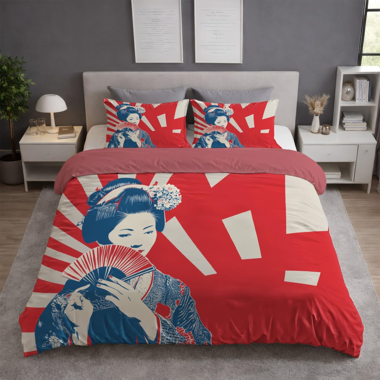 Genérico Red Blue Duvet Cover 260 x 240 cm Abstract Fantasy Japanese Style Geisha - 3-częściowy zestaw z miękkiej i oddychającej mikrofibry - przeciwzmarszczkowy, zamek błyskawiczny