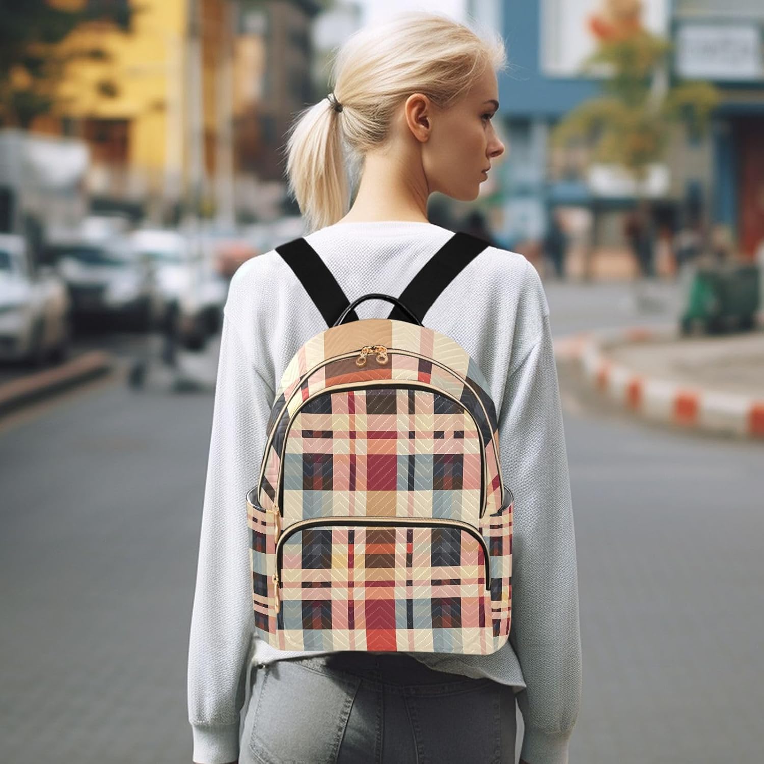 Mini Backpack for Women Brown Beige Checked Plaid Small Purse Daypacks Stylish Bags Lightweight Travel Backpacks for College Shopping Work Dating - Image 7