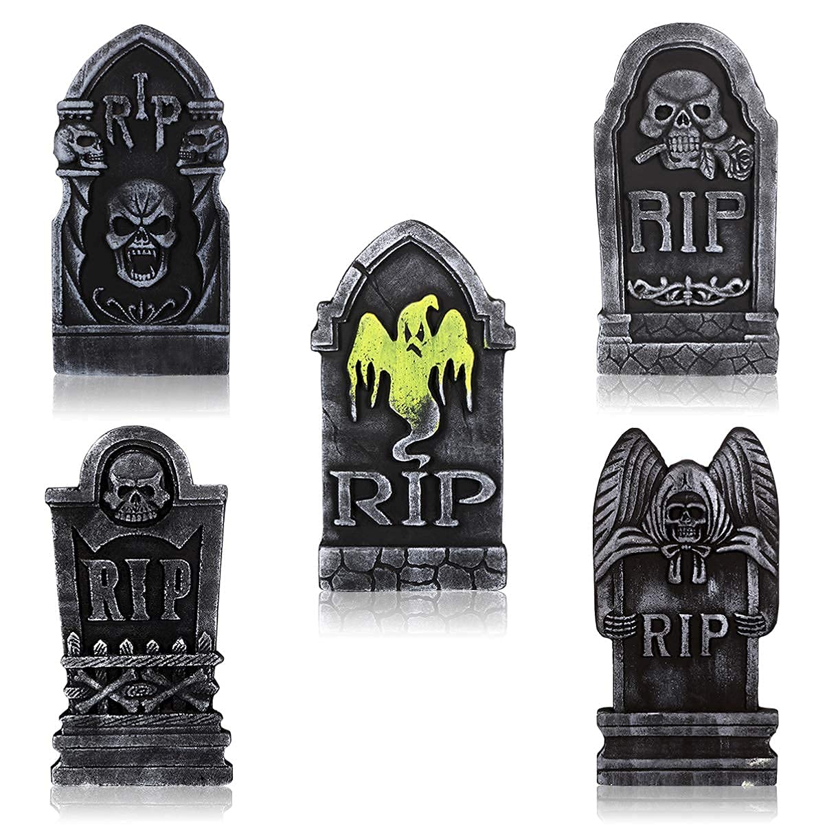 NUOLUX 5 Pack Halloween Foam Tombstone with Metal Stakes Headstone RIP Decoration Creepy Halloween Gravestones for Garden Lawn Yard Outdoor