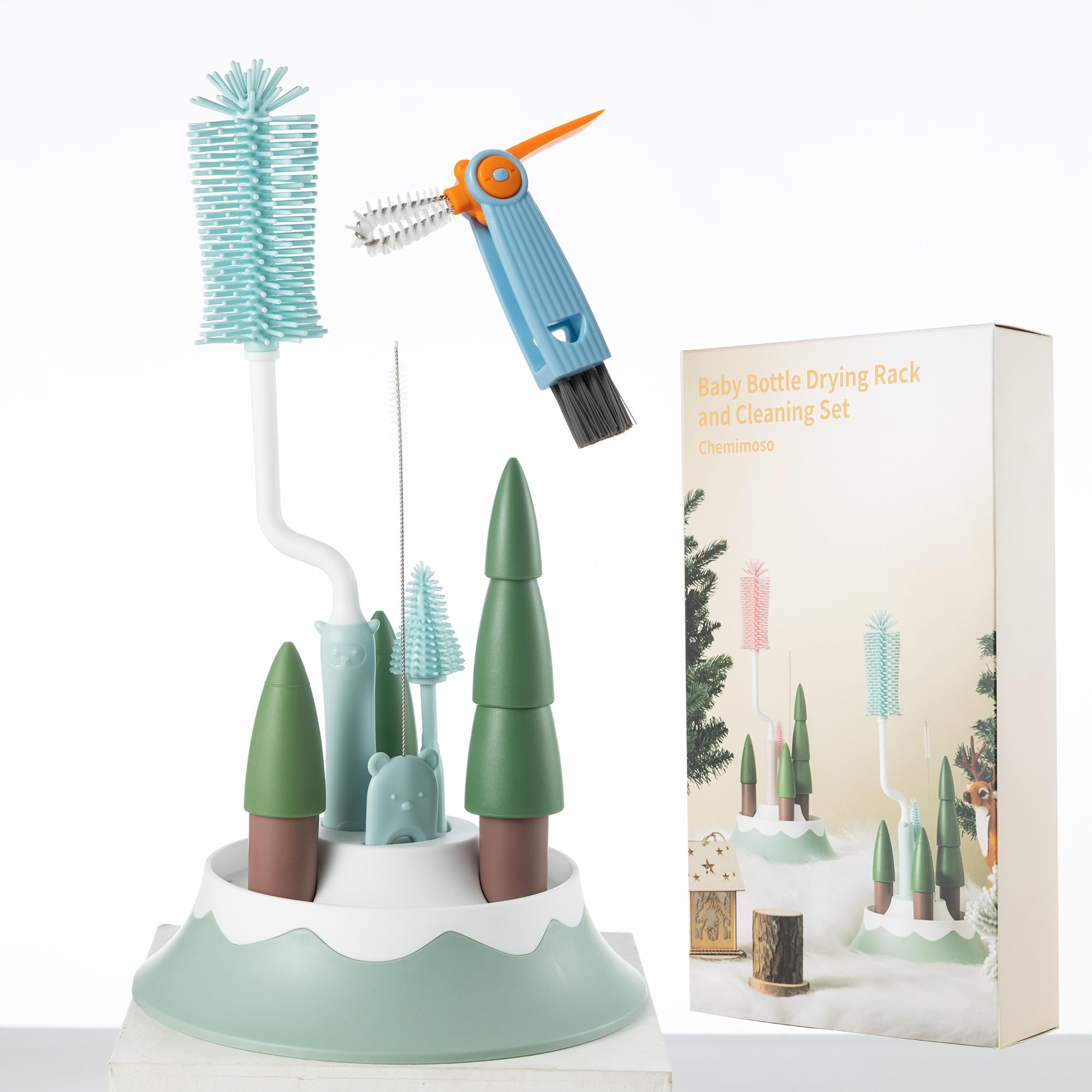Chemimoso Baby Bottle Drying Rack and Cleaning Set, with Spinning Silicone Baby Bottle Brush, Pacifier Brush, Straw Brush, Cup Lid Cleaning Brush,