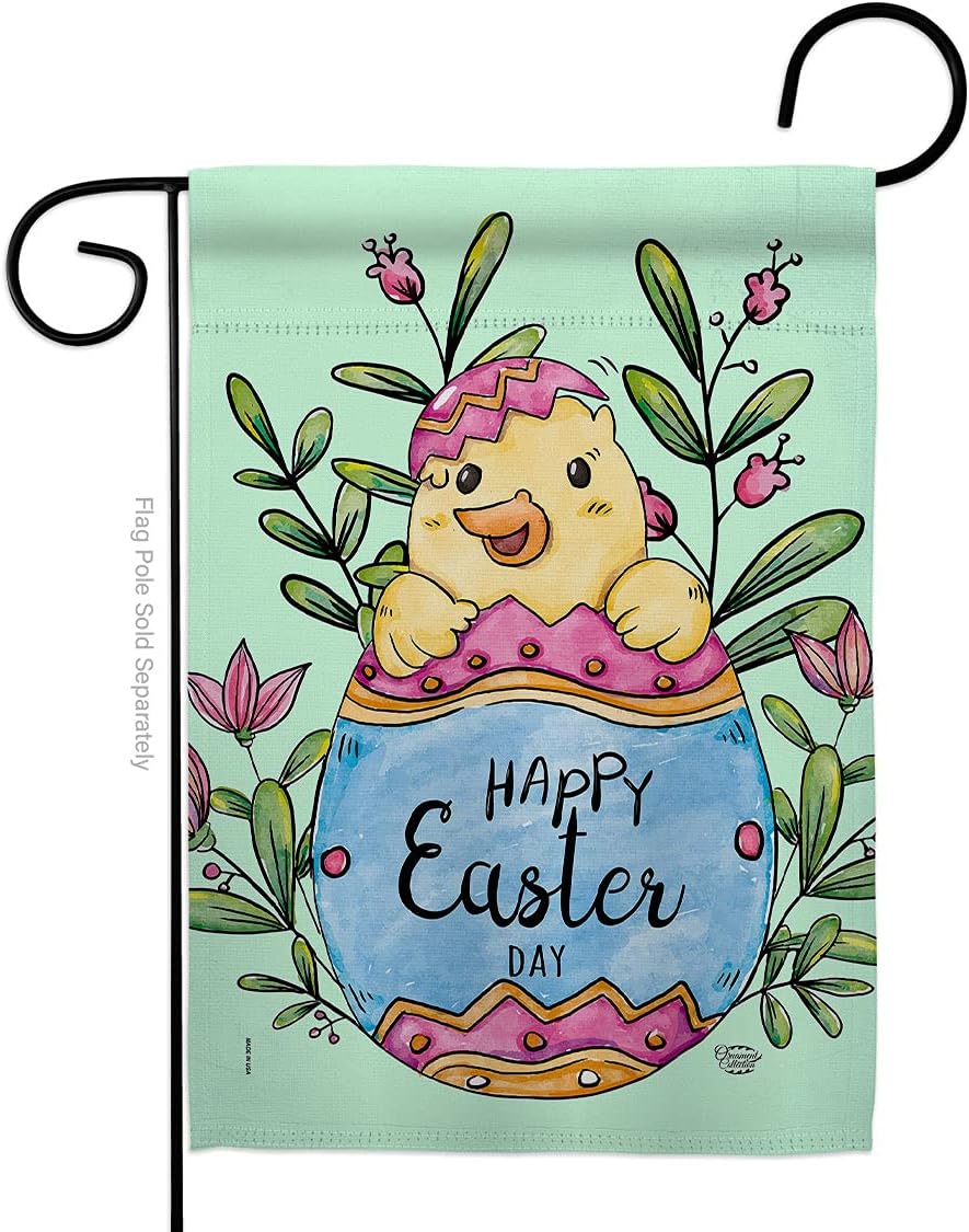 Happy Chick Garden Flag Set Wall Hanger Springtime Easter Bunny Egg Christian Season Holiday Small Decorative Gift Yard House Banner Made In USA 13 X 18.5