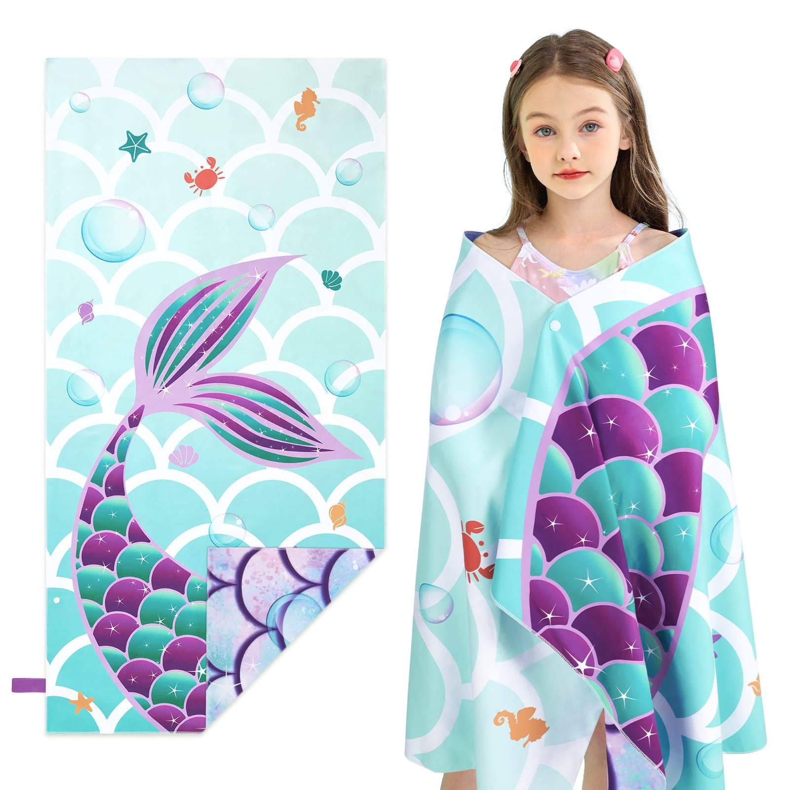 WERNNSAI Mermaid Kids Beach Towel for Girls, 30” x 60” Double-Sided Towels for Kids, Kids Beach Pool Bath Bathroom Swim Towel, Quick Dry Ultra