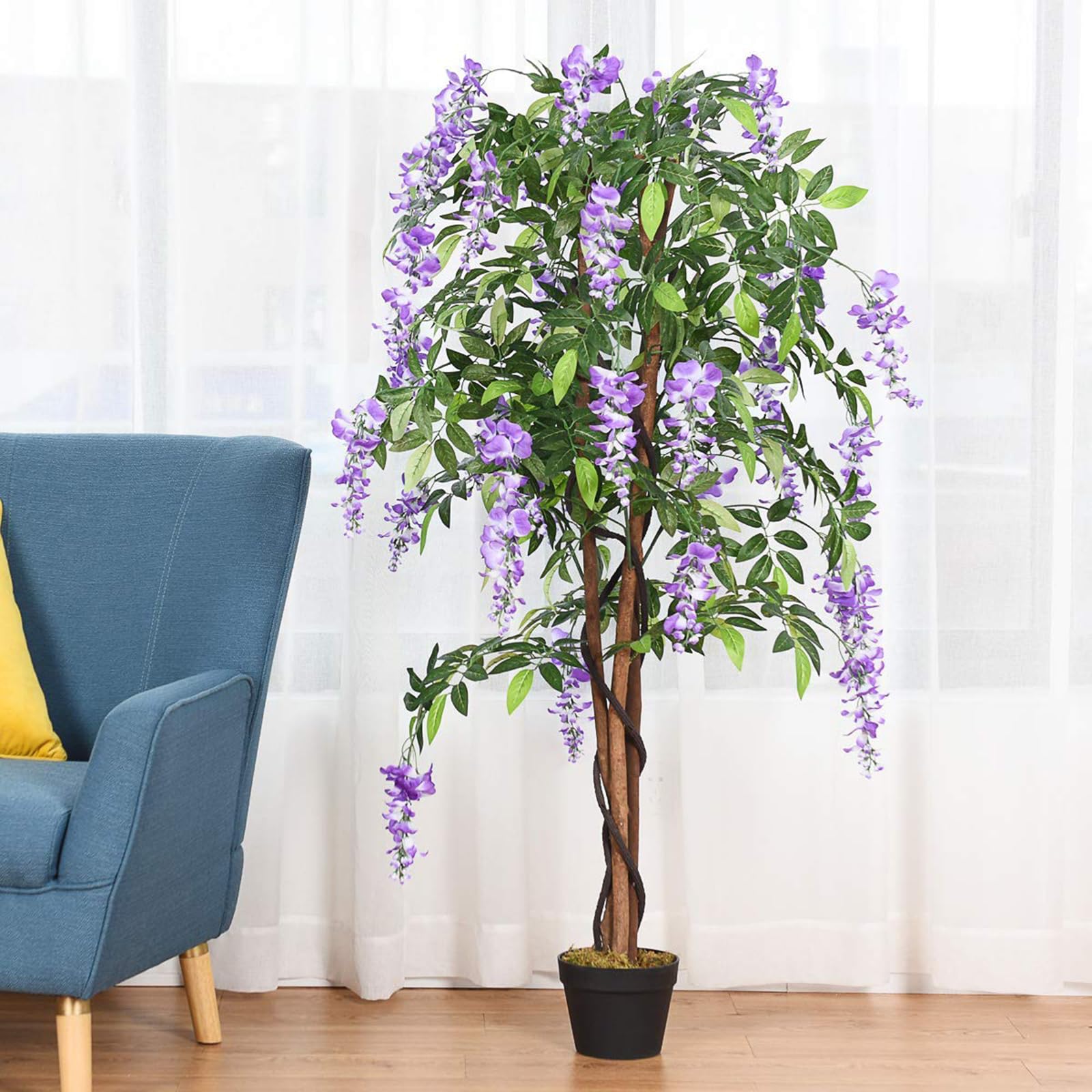 COSTWAY Plantas Artificiales Decorativas, Flores Artificiales con Ratán Simulado con 840 Hojas, Árbol Artificial Planta Simulación con Flores moradas para Oficina Hogar Boda Interior Decoración