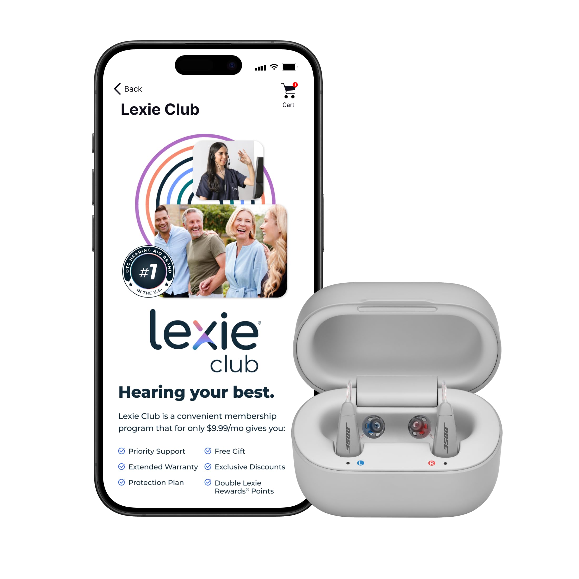Lexie B2 Plus Hearing Aids Powered by Bose + Free 6-Month Lexie Club Subscription – Rechargeable, Rechargeable Case, App-Controlled, Self-Fit, Noise Reduction, Bluetooth® for Calls & Streaming (Gray)