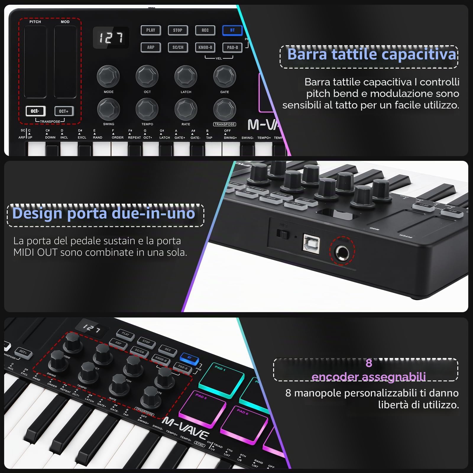Nikou M-VAVE MIDI Tastiera Controller, USB Mini 25 Tasti dinamici Professionali Tastiera Elettrica Arranger Tastiera con cuscinetti RGB (Nero)
