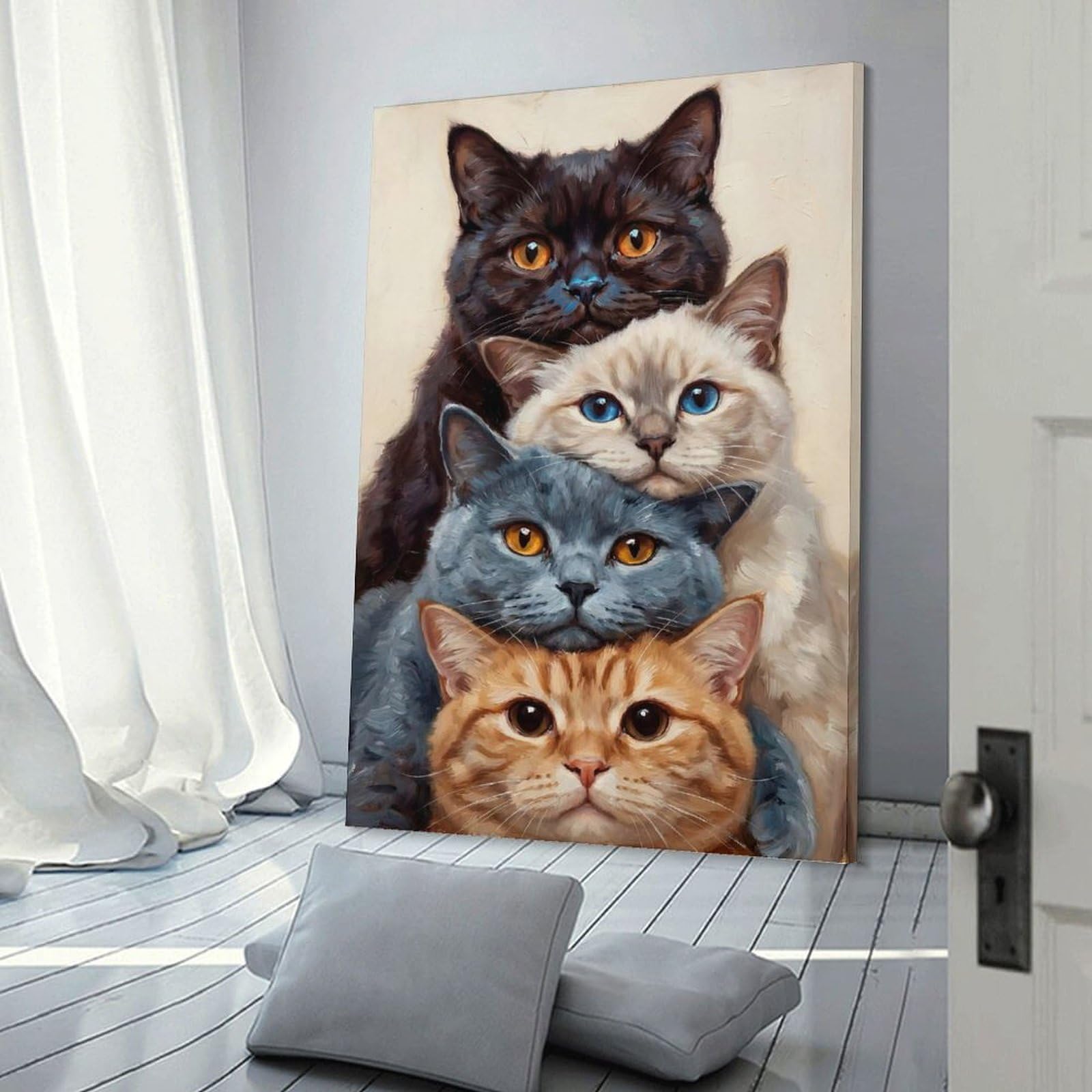 Junmoney Stacked Cats Portrait Wall Decor Canvas Print, 16x24inch(40x60cm), for Wall Displays, Bedrooms Or Room Updates, Wall Decor Suited to Curated Displays