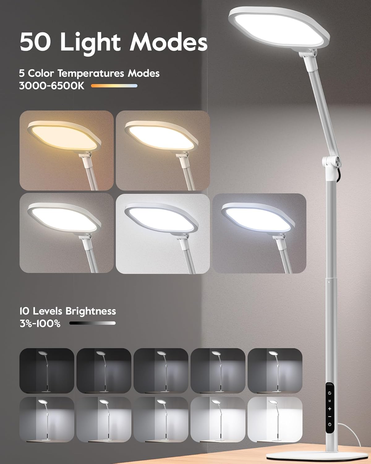 Led Desk Lamps for Home Office with Base, Tall Desk Lamp with 50 Light Modes & Memory and Timer Func Computer Light, Flexible Adjustable Table Lamps for Video Conference, Architect or Study( White)