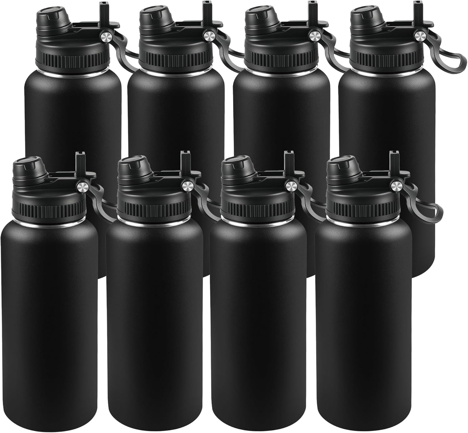 32oz Insulated Water Bottle - 2-in-1 Leak-Proof Lid (Sip/Straw) + Handle, Stainless Steel Bottle Bulk for Sports, Commuting, Office Work, Outdoor Activities, Black, 8 Pack