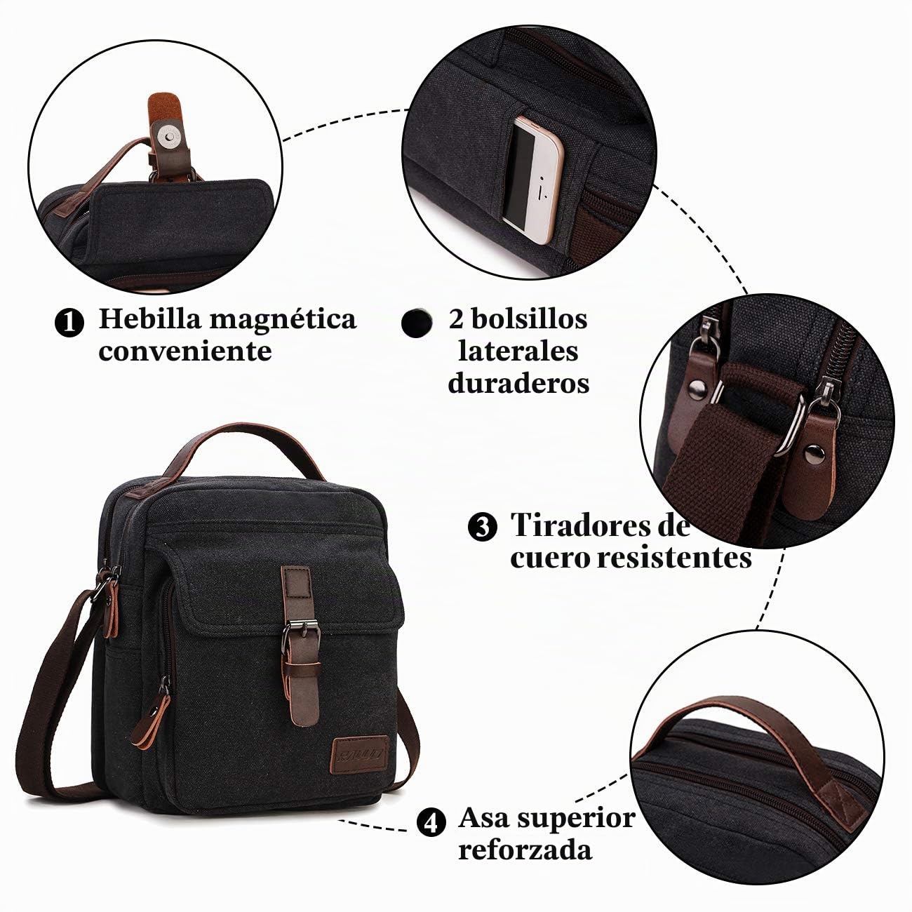 RAVUO Bolsos Hombre Bandolera, Resistente al Agua Bolso Bandolera Pequeña Bolsa Mensajero de Lona Bolso Mano con Bolsillos y Cremallera Messenger Bag,Nergo