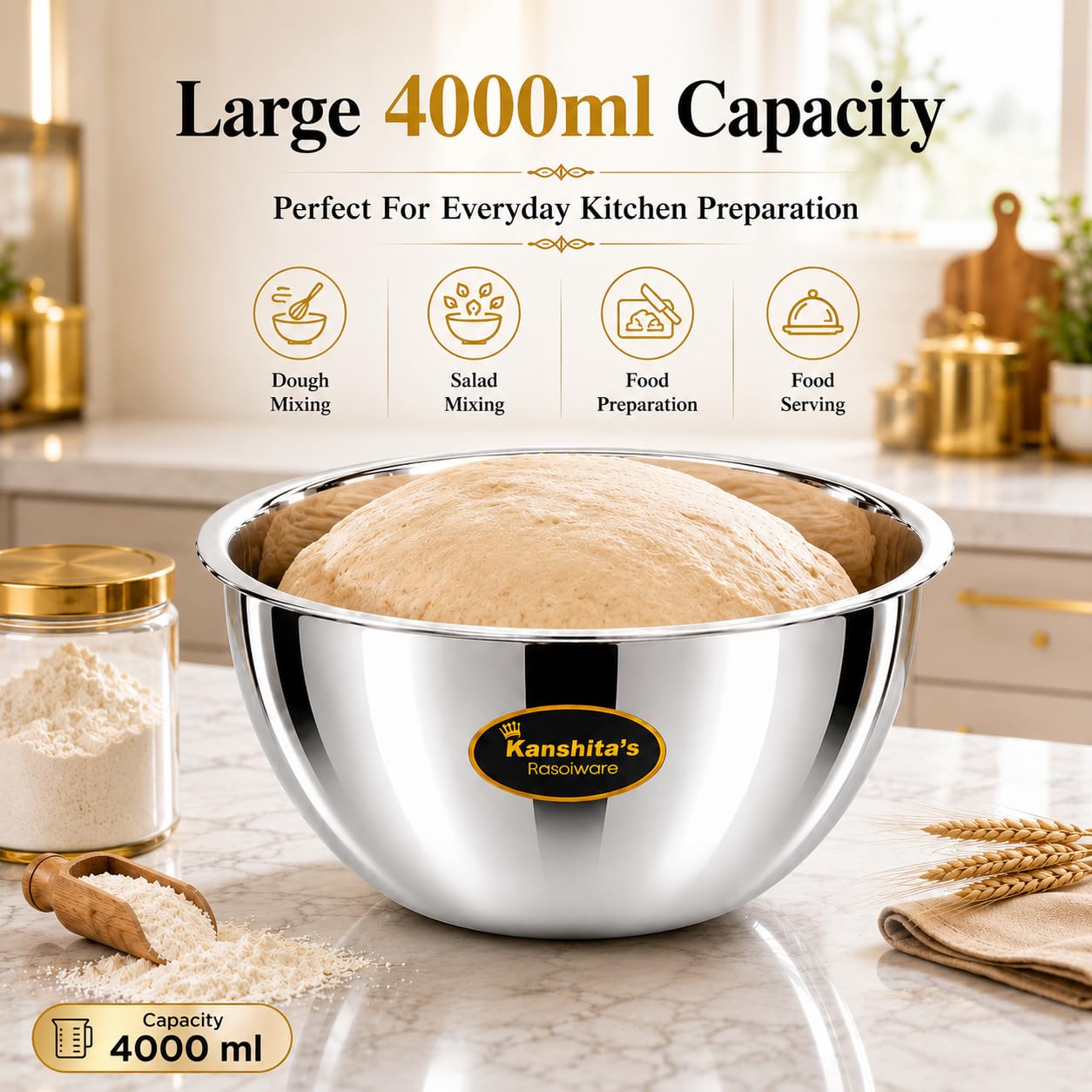 Kanshita's Rasoiware Premium Stainless Steel Mixing Bowl 4000 ml (25.5 cm) | Heavy Duty Food Grade Large Kitchen Bowl for Dough Mixing, Salad, Marinating & Everyday Serving 4