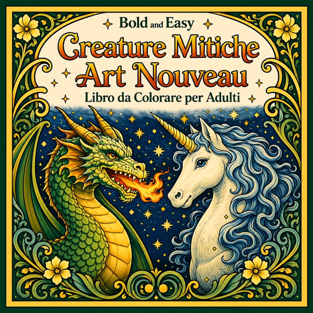 Bold and Easy Creature Mitiche Art Nouveau: Libro da Colorare per Adulti con Draghi, Fenice e Motivi Fantasy