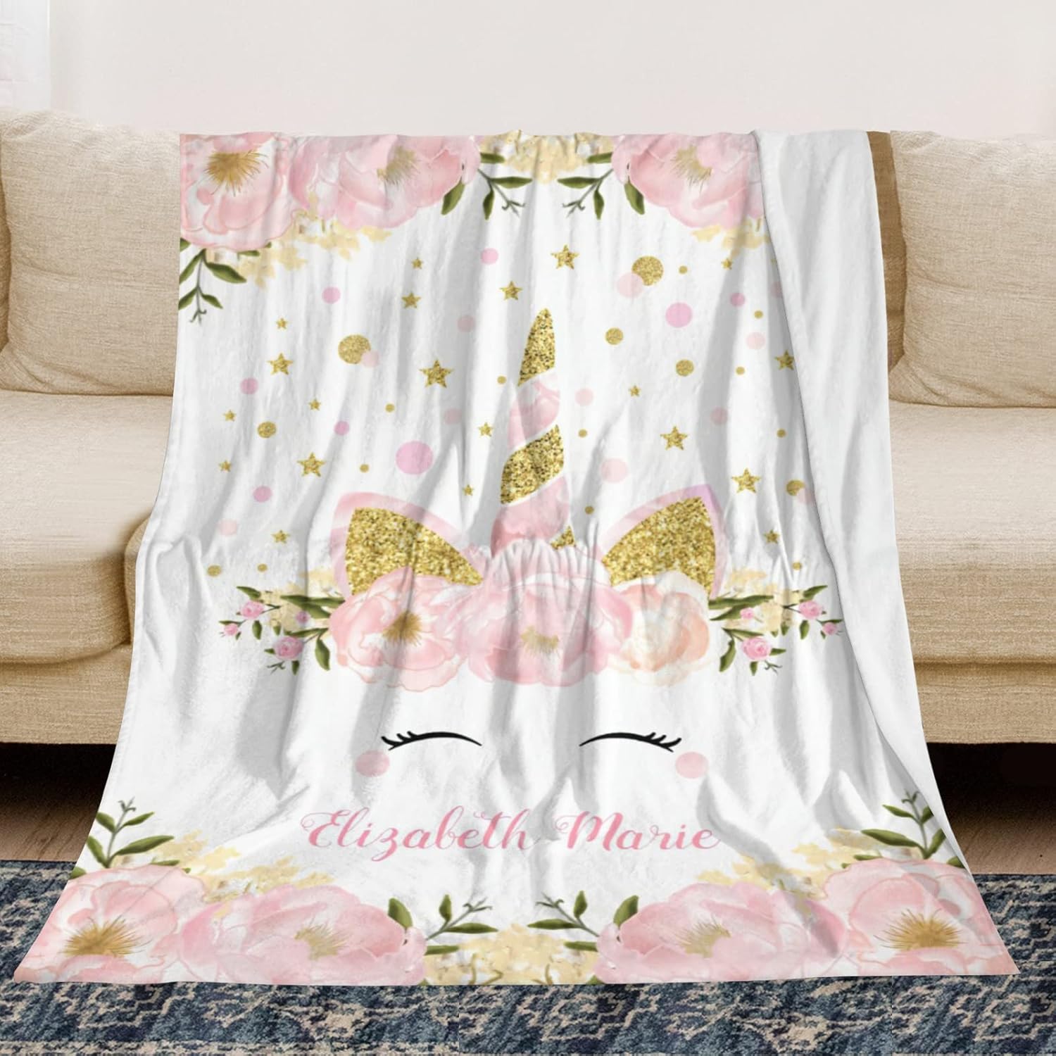 Personalized Floral Unicorn Blanket with Name Custom Baby Blanket for Girls Baby Girl Gifts Baby Items Newborn Essentials Soft Recieving Blankets - Floral Unicorn2 60x80in