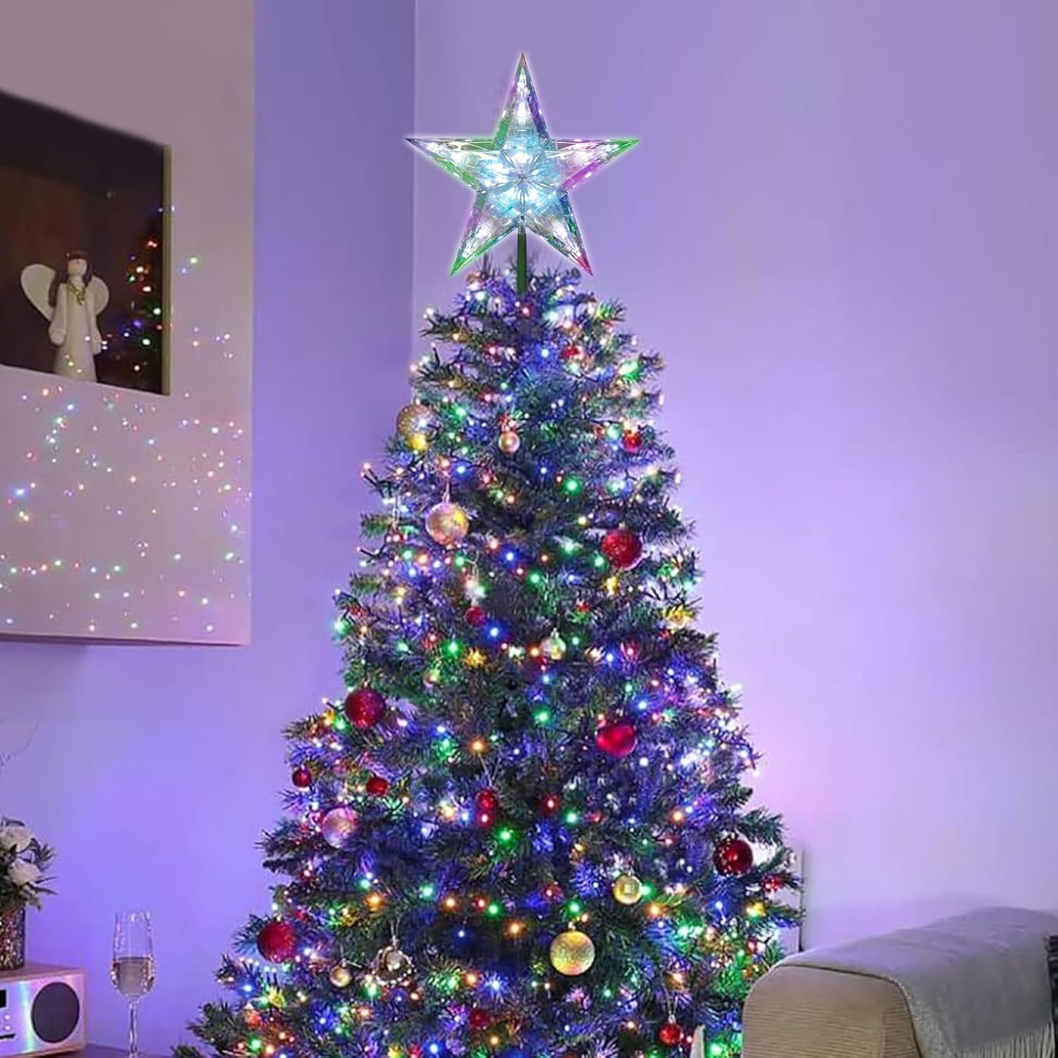 Christmas Tree Topper Star, 10inch Light-Up White Star Decoration, Tree Top Ornament for Christmas Holiday Home Fit for General Size Xmas Tree