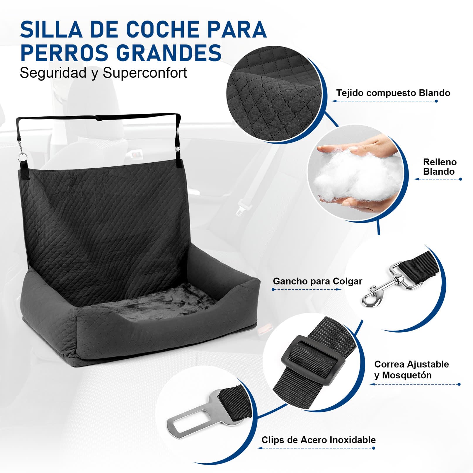 Asiento de Coche para Perros Antideslizante Desmontable Lavable Cómodo Seguro Multifuncional