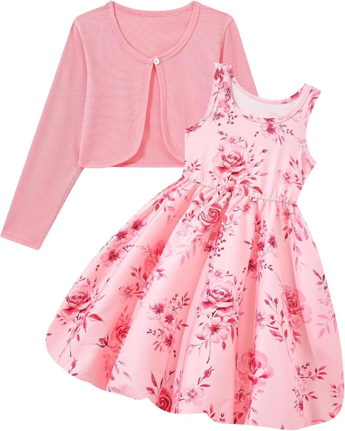 RAISEVERN 7-14Y Girls Bubble Dress with Pockets and Cardigan 2 Piece Set | Tween Trendy Clothes, Kids Graduation Dresses for Girl, Skin-Friendly Fabric, Ideal for Gift, Picture Day Outfits for School