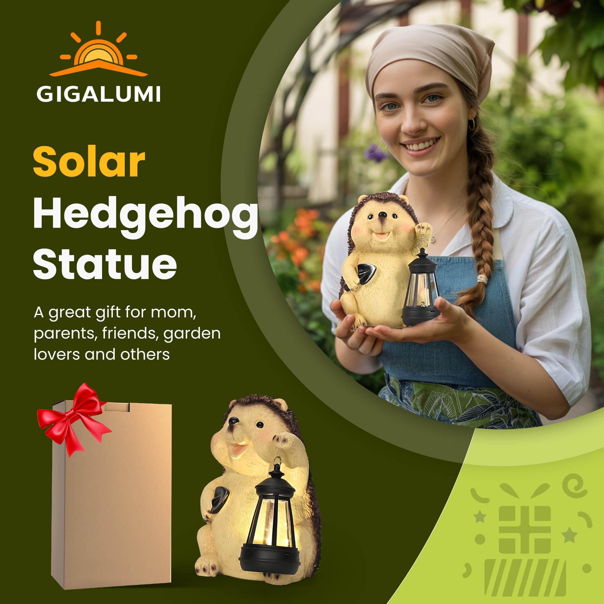 GIGALUMI Ornements de jardin hérisson d'extérieur avec lanterne solaire, cadeaux uniques pour maman, pour femmes, cadeau d'anniversaire pour maman grand-mère, décorations de statue de jardin étanches