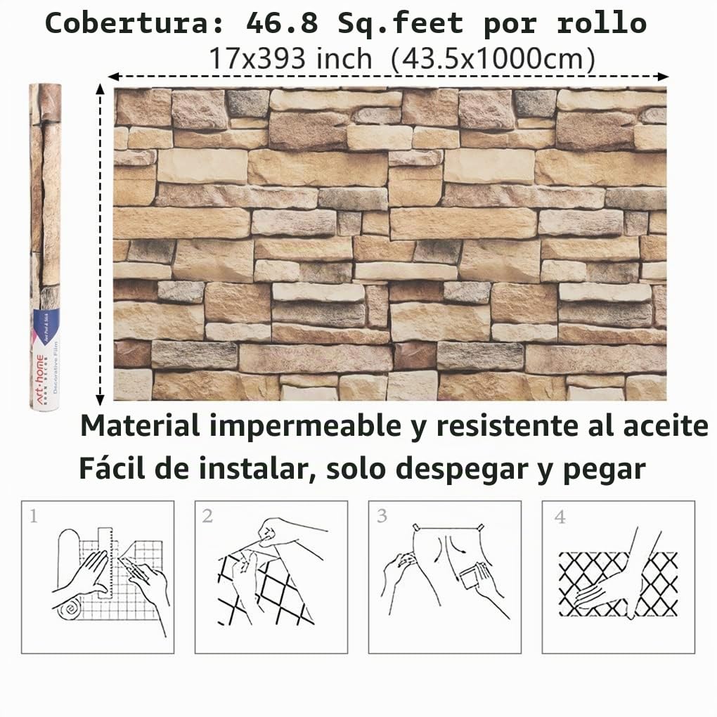 Arthome 44cmx10m vinilo adhesivo muebles Ladrillo Piedra Marrón, Papel Pintado Autoadhesivo Adhesivo Contacto Papel decorativo para Revestimiento, Paredes, Chimeneas, Cocina, Pegatina Impermeable