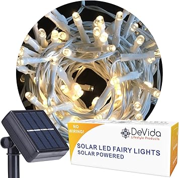 Amazon Com Devida Warm White Solar String Light On White Cord Hassle Free 100 Led Outdoor Waterproof Set For Decorative Wedding Arch Picket Fence Wall Tree Patio Easy Install Warm White On White