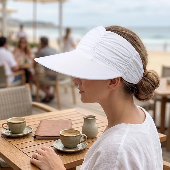 2PCS White Black Sun Visor for Women, Sun Hat Wide Brim Hat Women Adjustable Foldable Beach Hat Visor Cap for Golf Outdoor Cycling Fishing Tennis Running Beach Vacation
