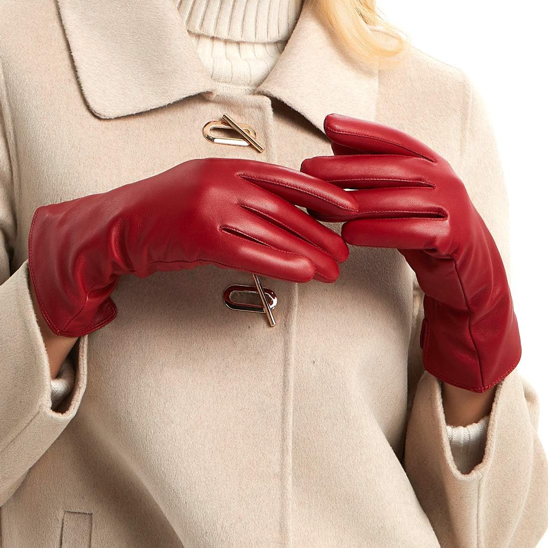MGGMOKAYWomens Nappa Lambskin Leather Gloves Warm Cashmere Lined, Red(touchscreen Cashmere Lining), Medium(7 US Standard Size)