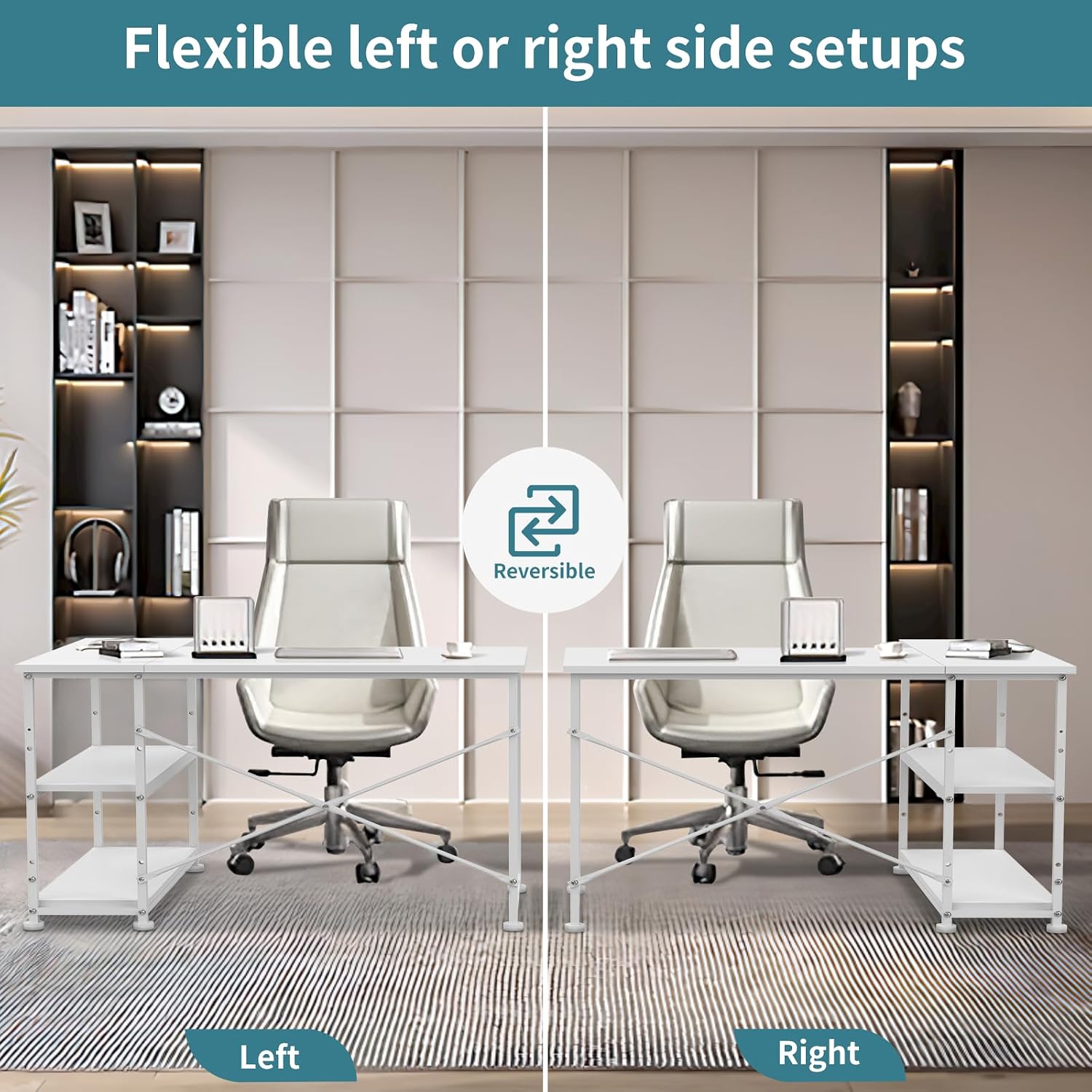 Two desk configurations showing left and right side shelf setups