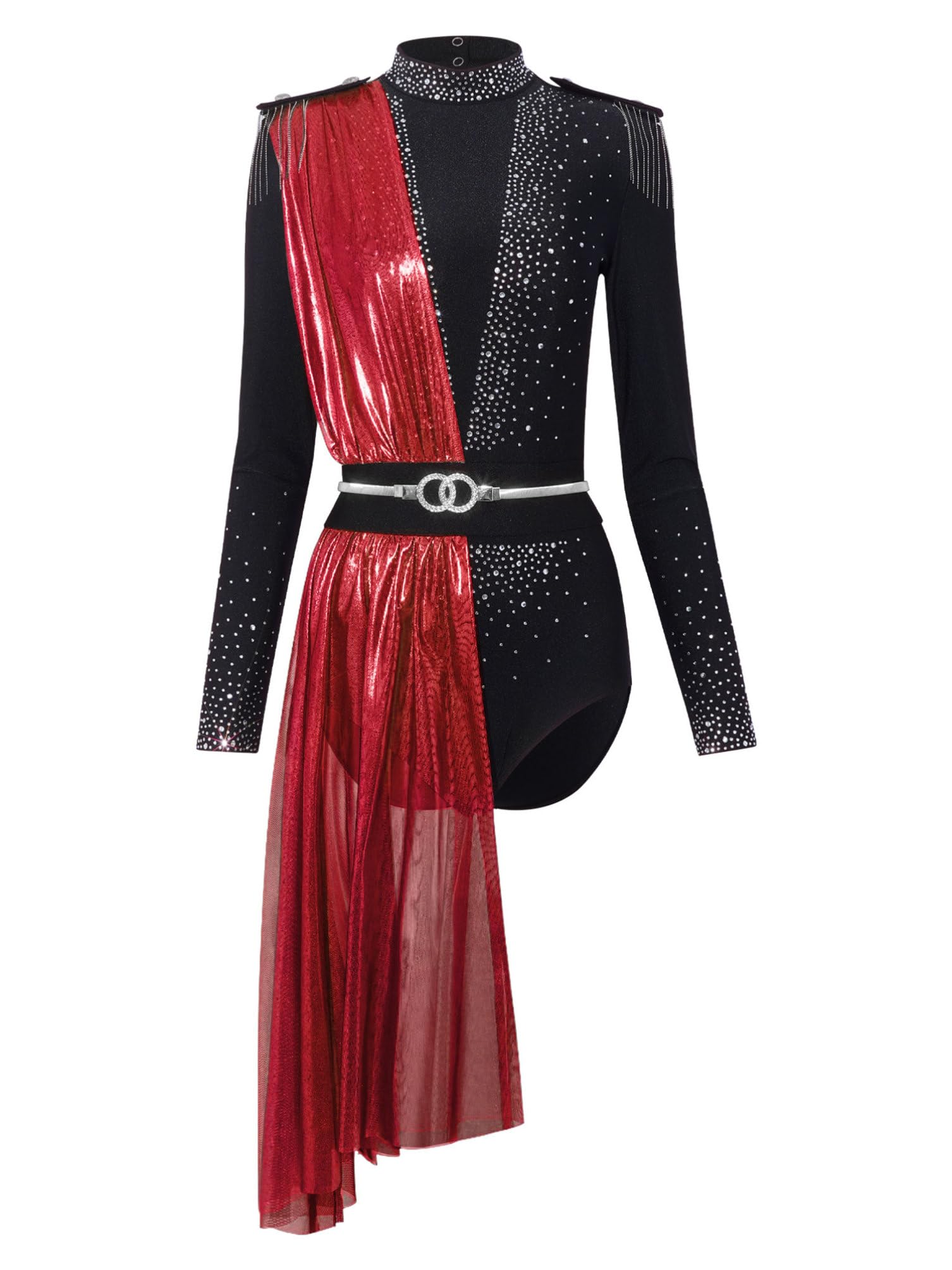 dPois Donna Abito da Ballo Latino Americano Tango Body Ginnastica Ritmica con Strass Balletto Leotards Maniche Lunghe Vestito da Pattinaggio Artistico Dancewear