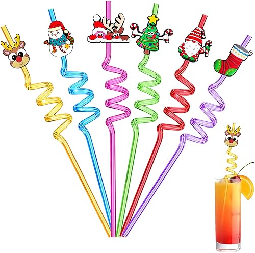 6 popotes de decoración de fiesta de Navidad, popotes reutilizables para beber Papá Noel, Navidad, Rudolph reno, árbol, muñeco de nieve, pajitas de